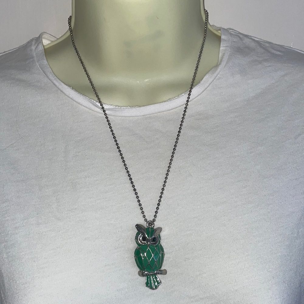 Silver tone ball bead necklace with green enamel painted owl pendant